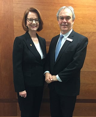Hon. Julia Gillard AC with Professor John Phillimore, Executive Director of JCIPP, at the the awarding of her Honorary Doctor of Letters 30 August 2018