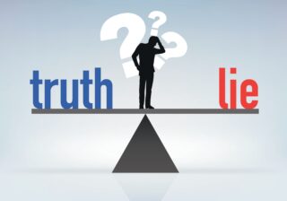 Concept of misinformation with man choosing between truth and a lie