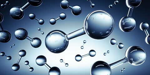 Models of molecule hydrogen floating against blue background