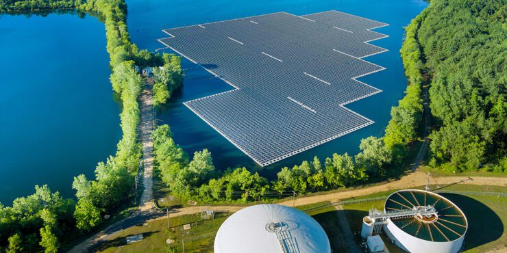 Aerial view of floating solar panels cell platform on the beautiful lake
