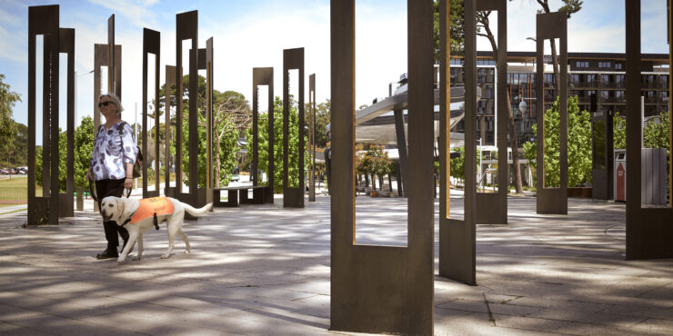 Art installation at Curtin's Bentley campus. A person with a vision impairment is featured alongside their guide dog.