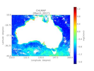 Composite image of the chlorophyll concentration around Australia in March 2017, from Sentinel3 OLCI reduced resolution observations.