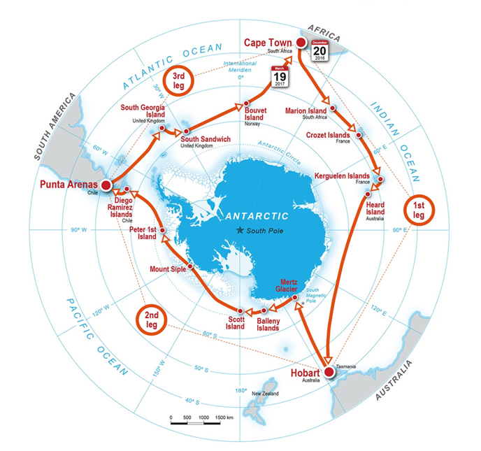 ACE travel map, from Cape Town to Hobart to Punta Arenas and back to Cape Town