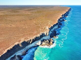 Drone image of the Bunda Cliffs, where the Nullarbor Plain meets the Great Australian Bight
