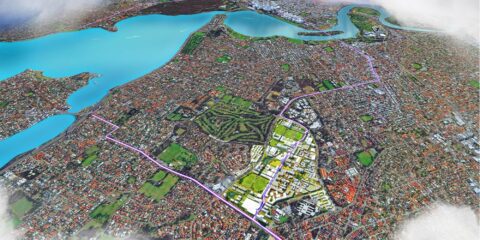 Digital render of birds-eye view of a sustainable city