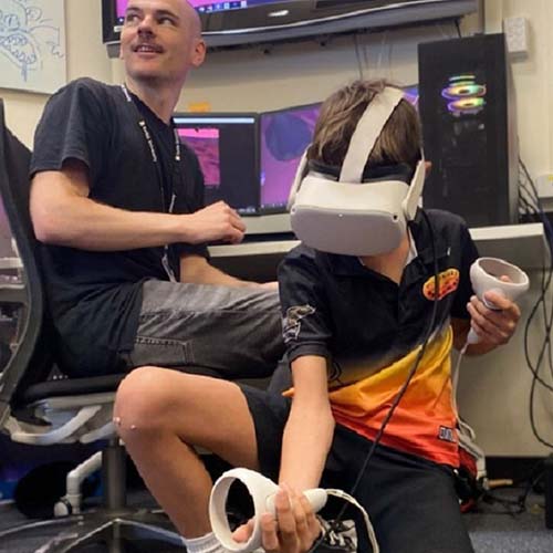 A young boy testing out the Moombaki virtual reality game