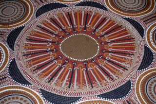 Colourful tile mosaic on the floor of the Centre for Aboriginal Studies lobby